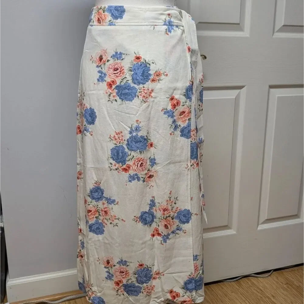 LOFT Floral Tie Belted Maxi Wrap Skirt Cotton Blend Size 8 NWT